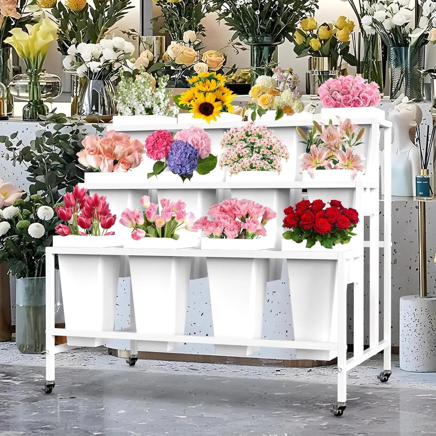 Flower Display Stand with 12 Buckets, 3 Layers Flower Cart White Metal Flower Bar Stand with Wheels, Moving Florist Bouquet