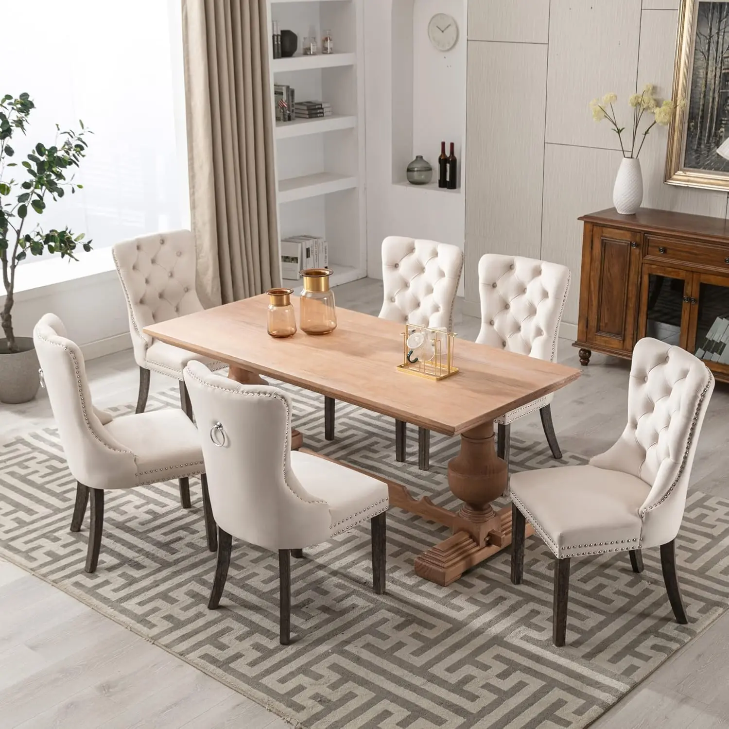 Velvet Dining Chairs Set of 6, Upholstered High-end Tufted Dining Room Chair with Nailhead Back Ring Pull Trim Solid Wood Legs