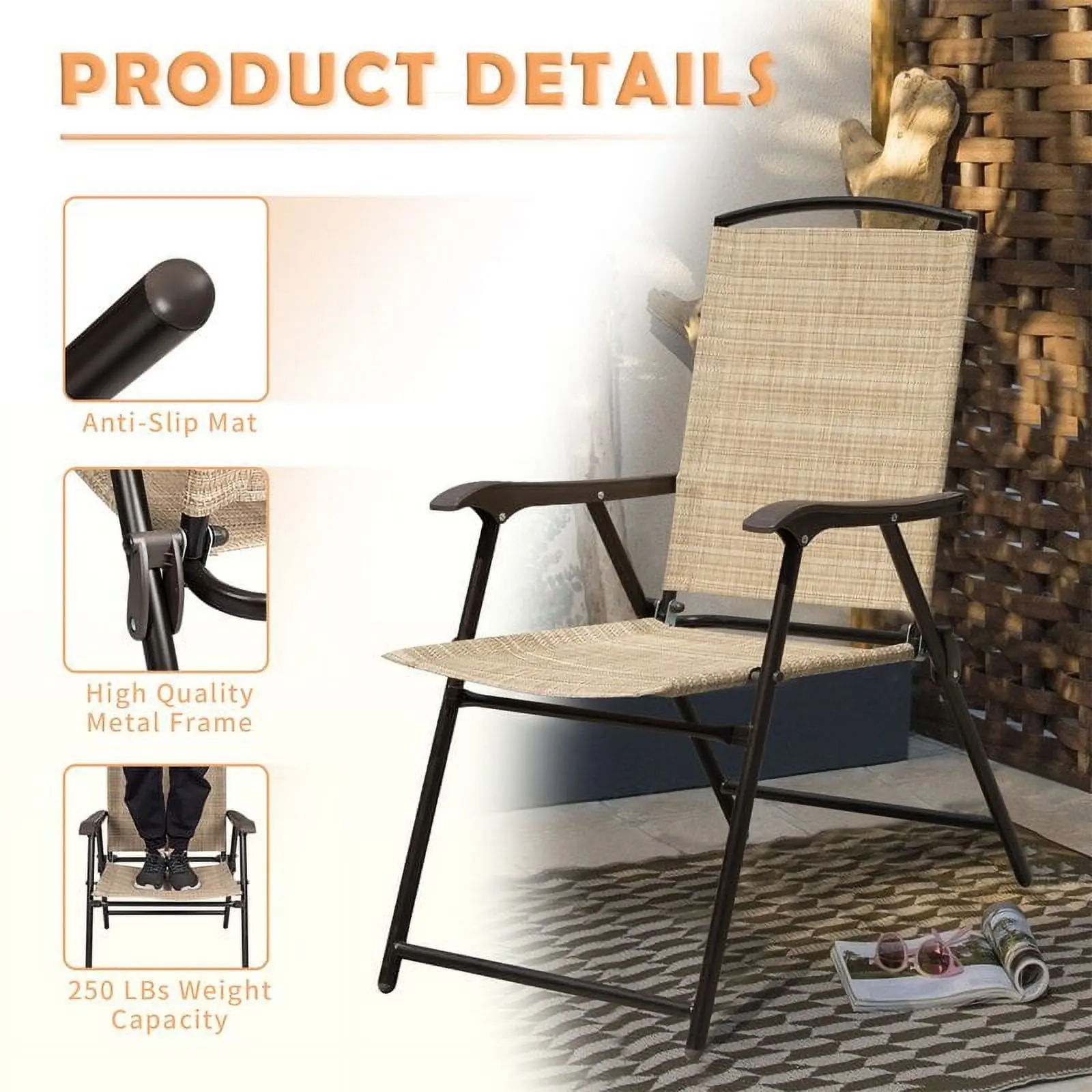 2 Pieces Patio Folding Chairs Outdoor Chairs Textilene Furniture Chair Set, Beige