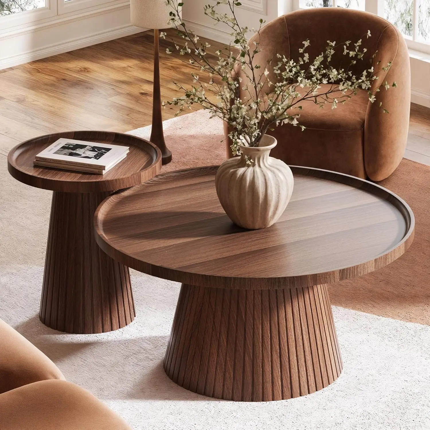 win2win Nesting Coffee Table Set of 2, Mid Century Modern Coffee Table with Wood Grain Veneer, Fluted Round Tea Table