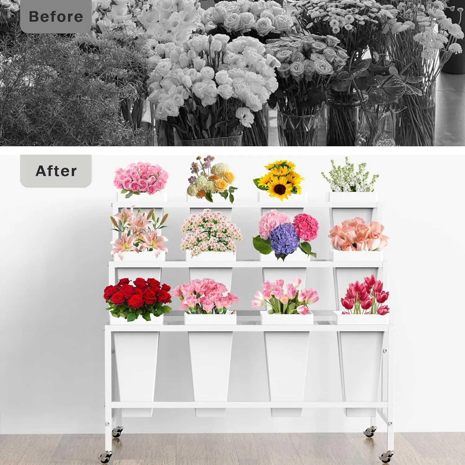 Flower Display Stand with 12 Buckets, 3 Layers Flower Cart White Metal Flower Bar Stand with Wheels, Moving Florist Bouquet