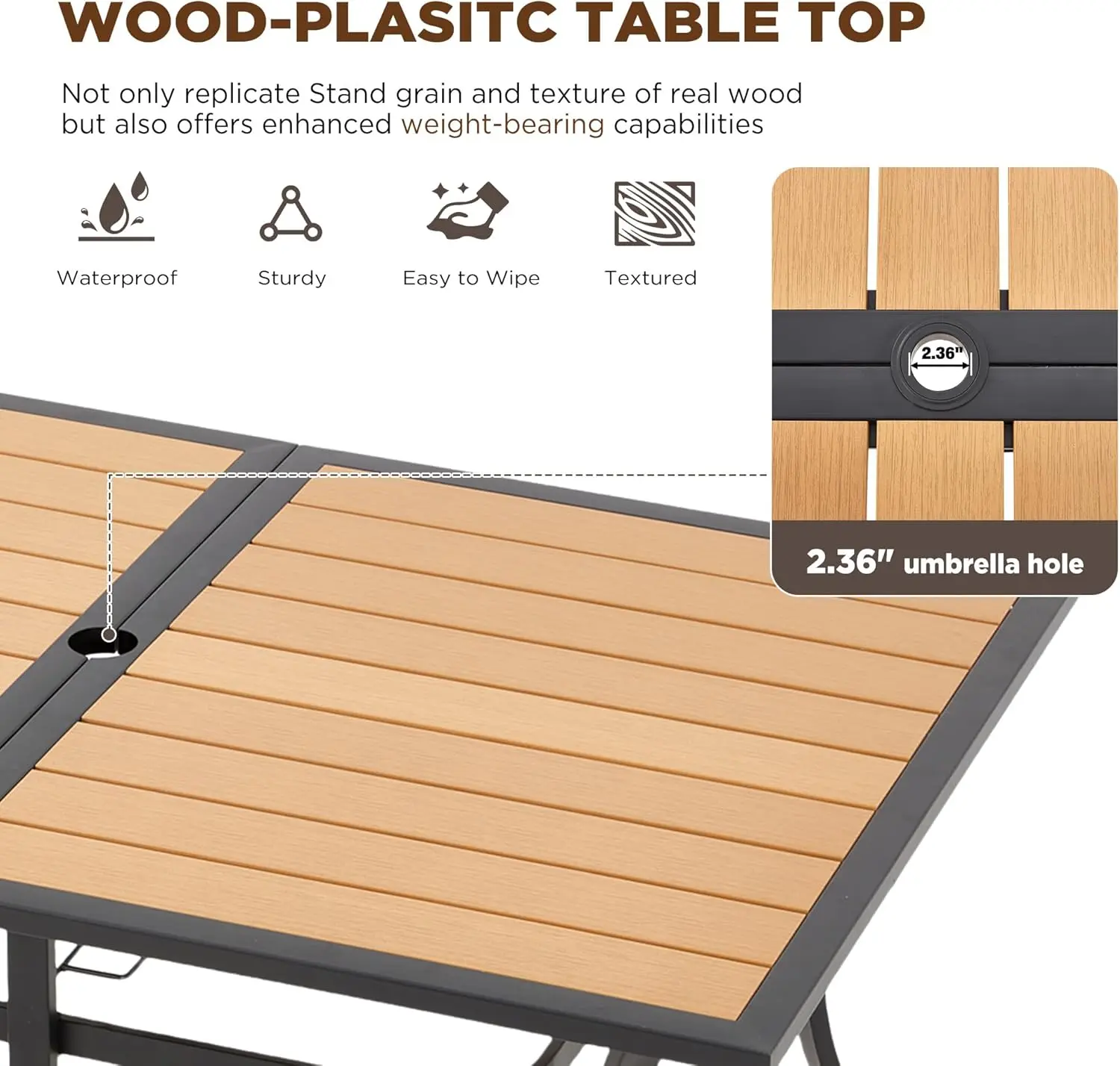 7-Piece All-Weather Rattan Patio Dining Set with 60" Wood Table Top, Removable Cushions & Umbrella Hole - Outdoor Furniture