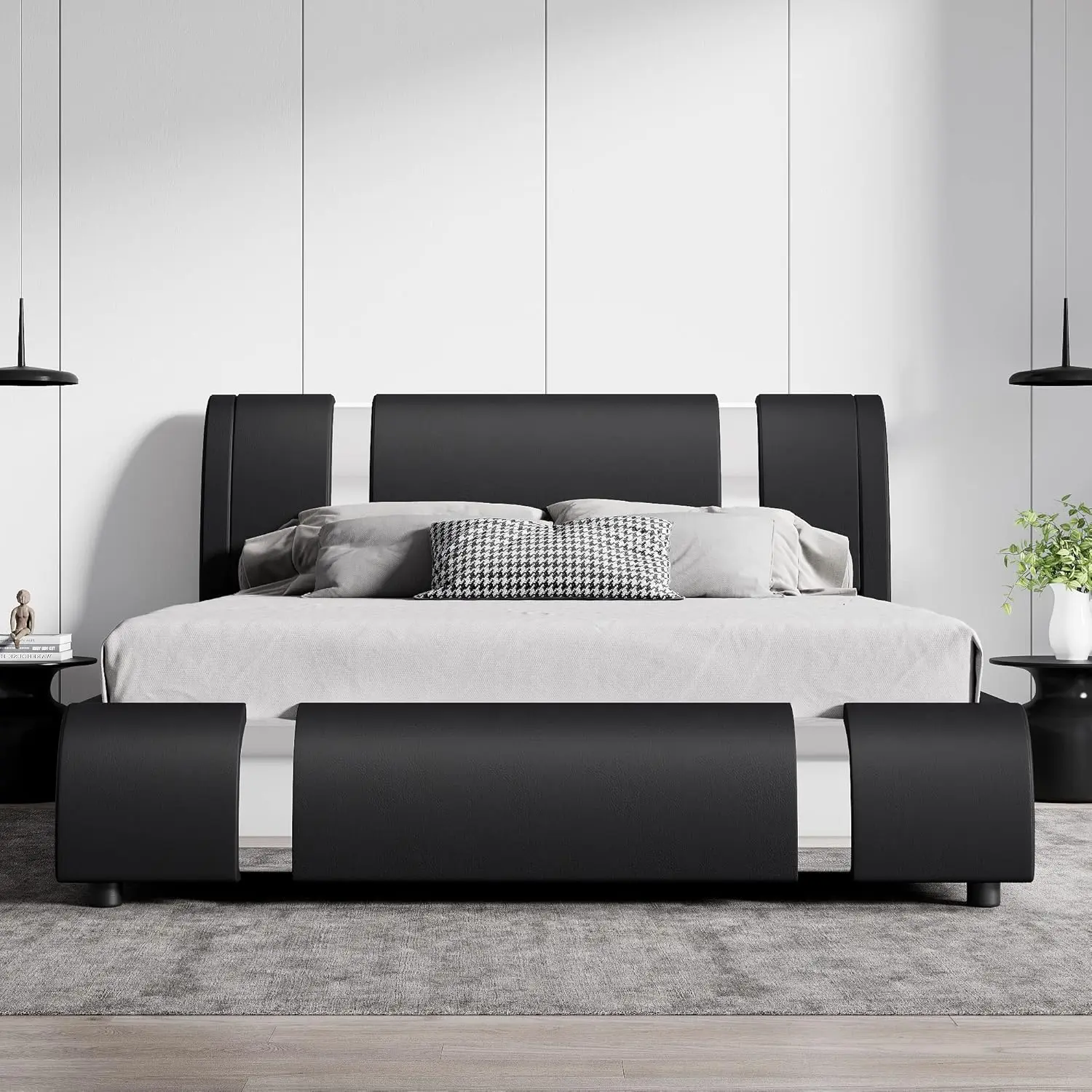 Modern Faux Leather Queen Bed Frame with Adjustable Headboard and Iron Accents, Deluxe Upholstered Platform Bed , Black