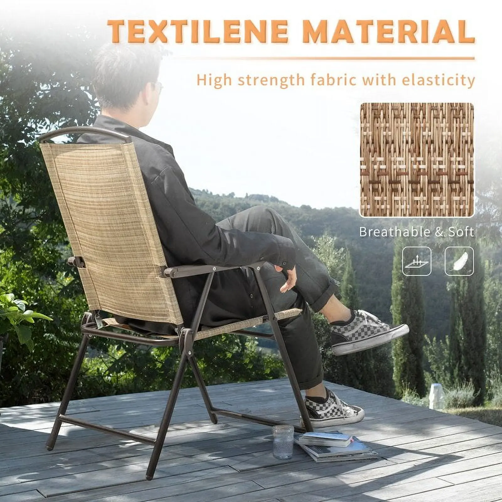2 Pieces Patio Folding Chairs Outdoor Chairs Textilene Furniture Chair Set, Beige