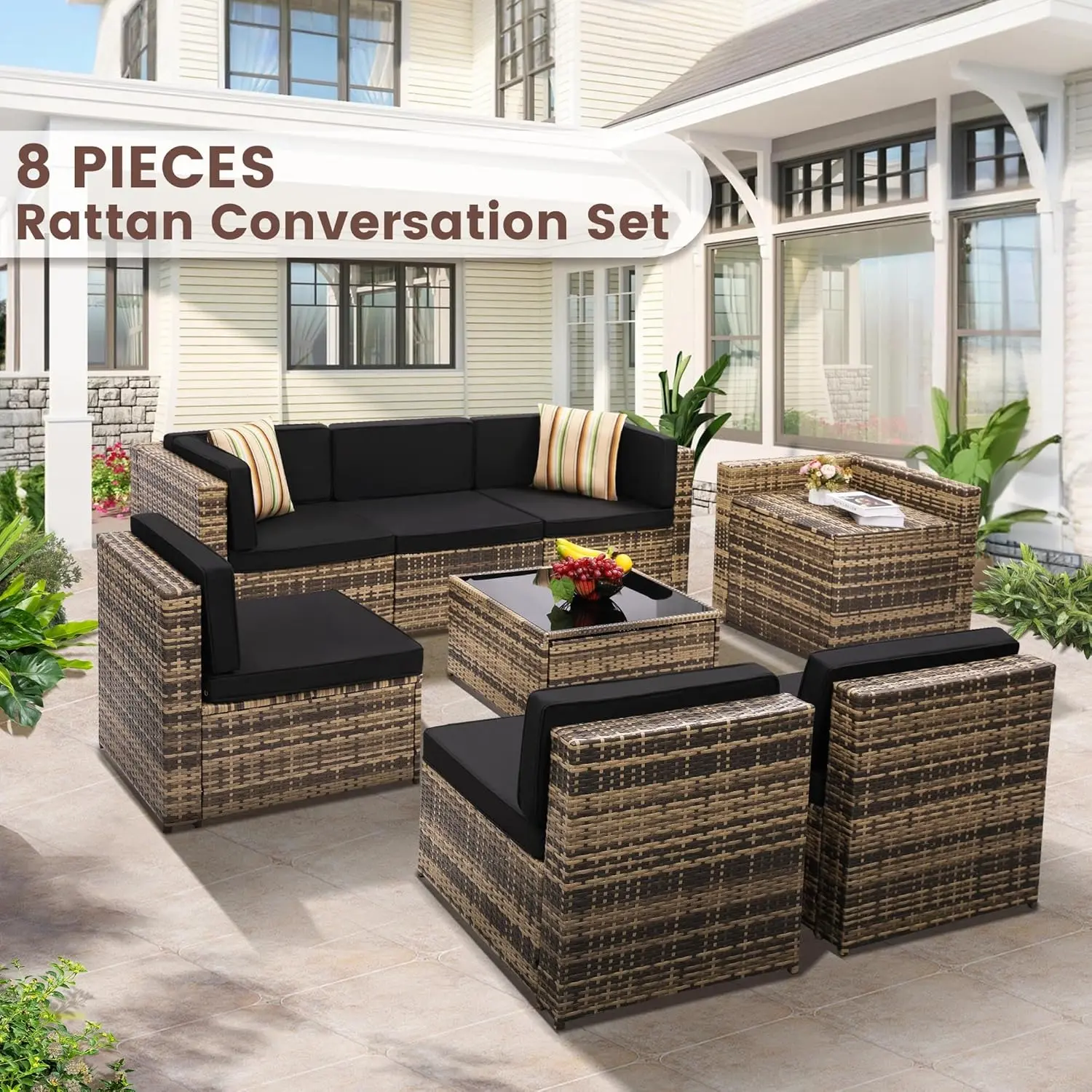 8 Pieces Outdoor Wicker Rattan Patio Furniture Sectional Set, Glass Top Table with Hidden Storage, 7 Sofa Sections.