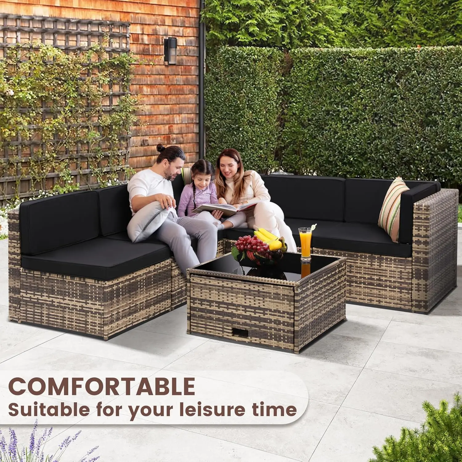 8 Pieces Outdoor Wicker Rattan Patio Furniture Sectional Set, Glass Top Table with Hidden Storage, 7 Sofa Sections.