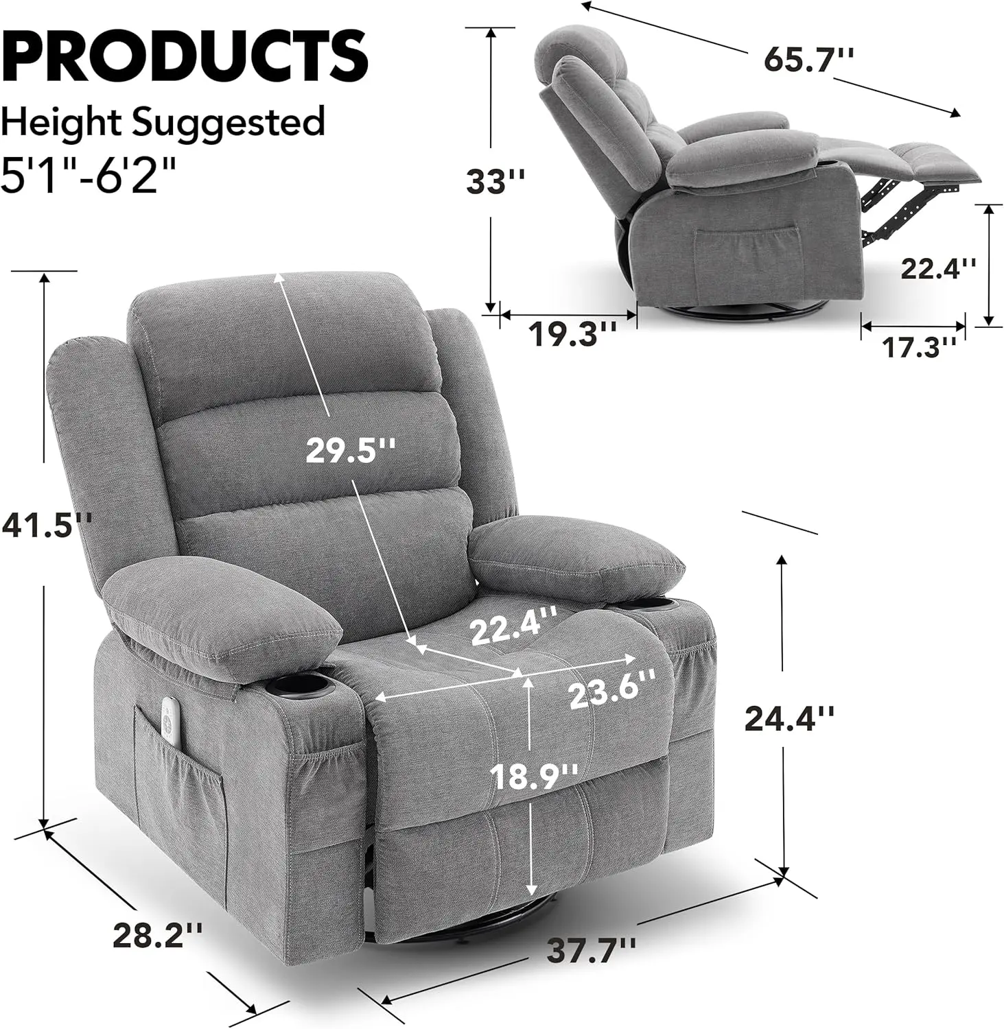 Rocker Recliner Chair with Heat and Massage, 360° Swivel Recliner Chairs for Adults, Oversized Recliner Single Sofa Seat
