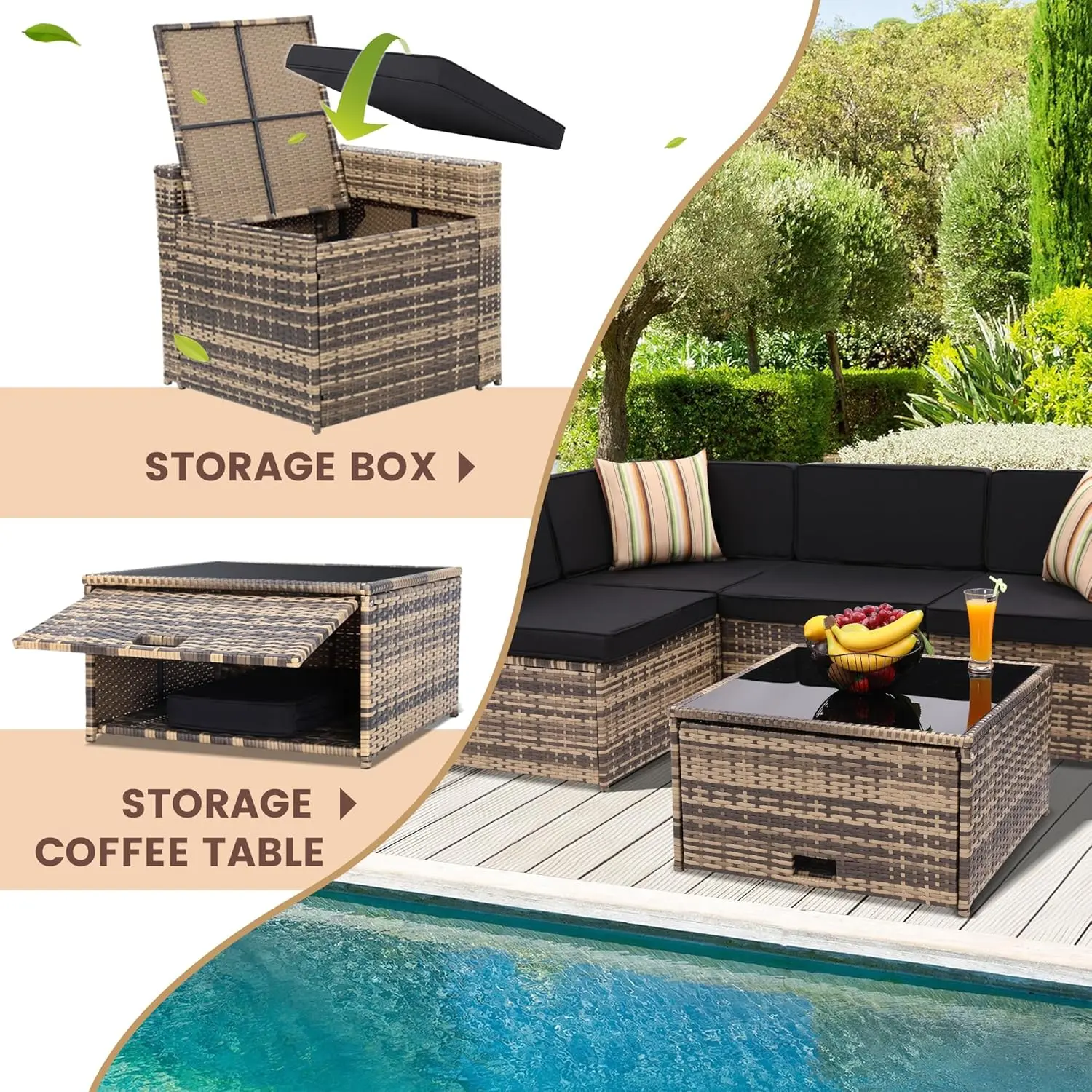 8 Pieces Outdoor Wicker Rattan Patio Furniture Sectional Set, Glass Top Table with Hidden Storage, 7 Sofa Sections.