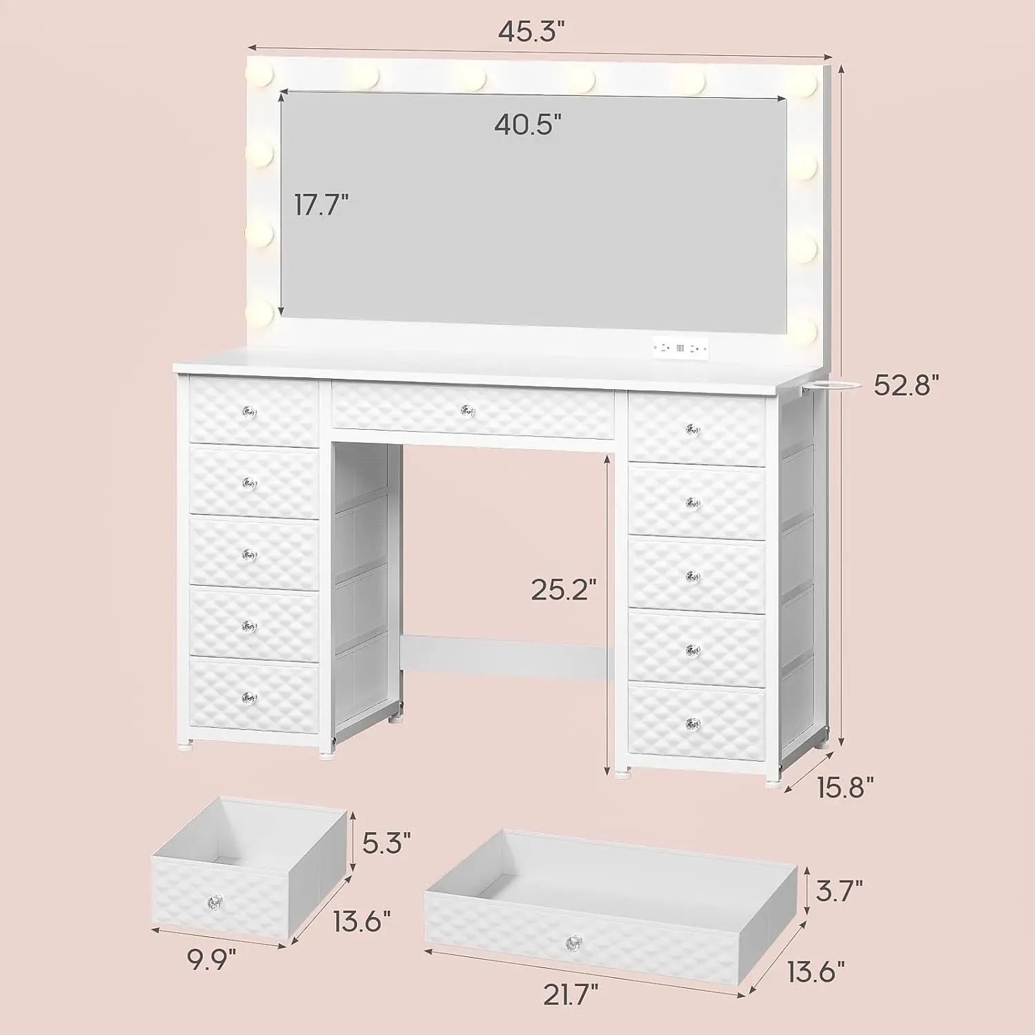 Vanity with Extra Large Mirror and Lights, Makeup Vanity with Power Strip, 45.3” Vanity Desk with Storage, Dressing Table