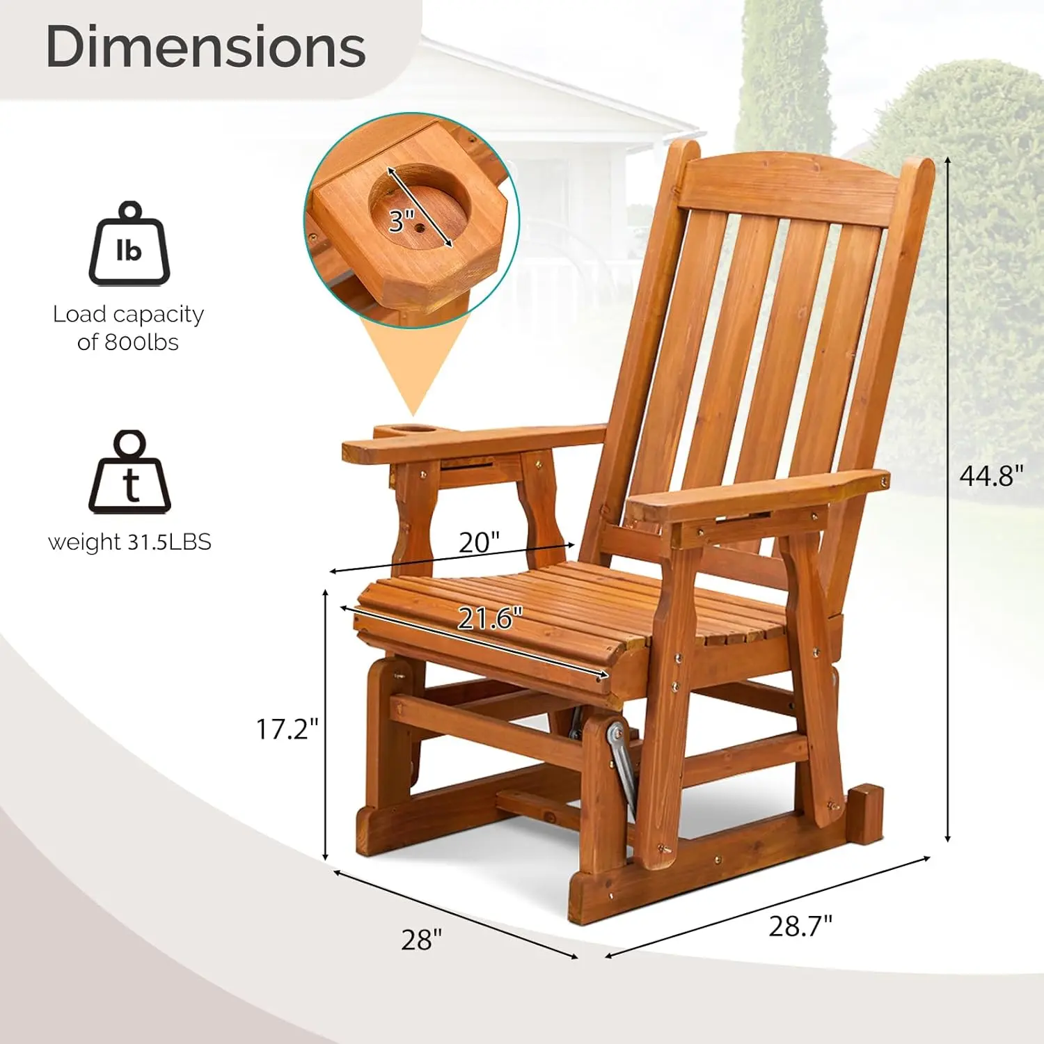 Outdoor Glider Chair Wood Patio Glider with Cup Holder, Porch Glider with Smooth Rocking Mechanism, Heavy Duty 600 LBS