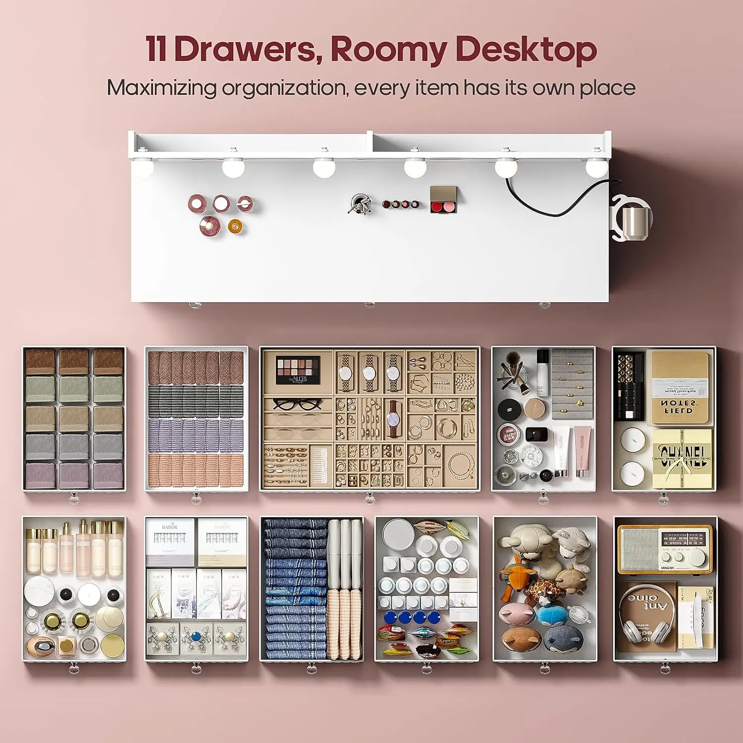 Vanity with Extra Large Mirror and Lights, Makeup Vanity with Power Strip, 45.3” Vanity Desk with Storage, Dressing Table