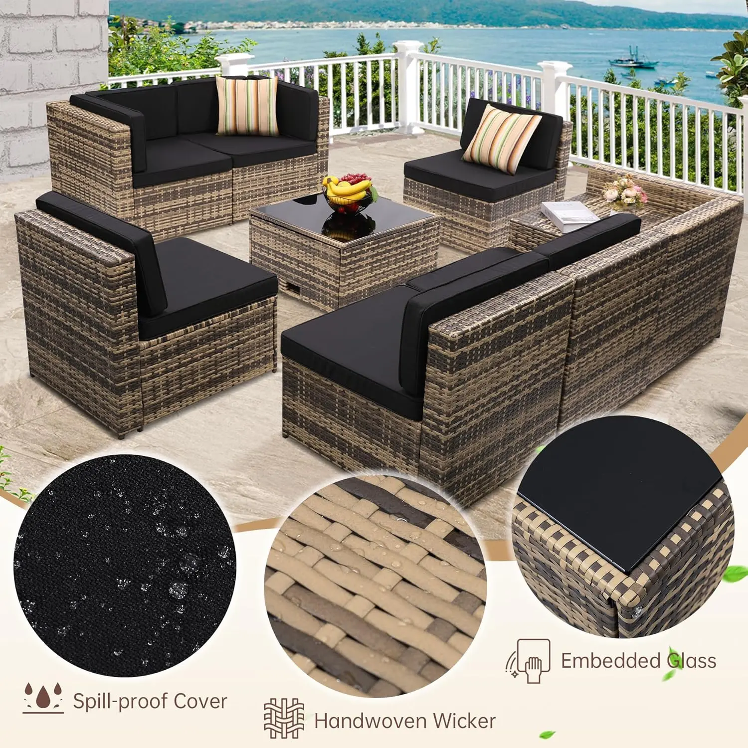8 Pieces Outdoor Wicker Rattan Patio Furniture Sectional Set, Glass Top Table with Hidden Storage, 7 Sofa Sections.