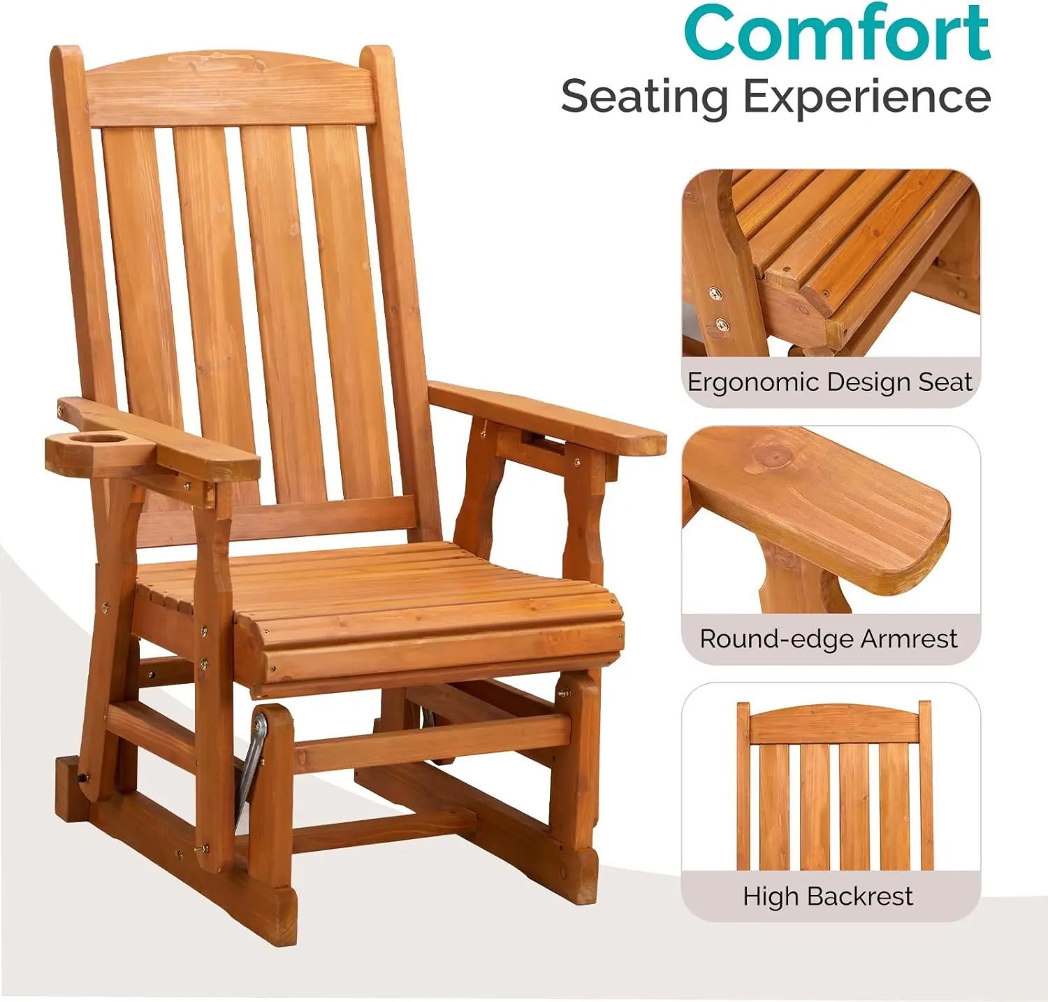 Outdoor Glider Chair Wood Patio Glider with Cup Holder, Porch Glider with Smooth Rocking Mechanism, Heavy Duty 600 LBS