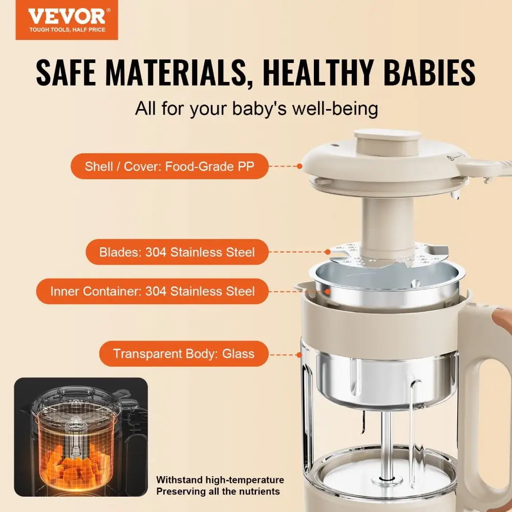 Baby Food Maker, 500W Baby Food Processor with 300 ml Glass Bowl, SUS304 Stainless Steel 4-Blade Baby Food Puree Blender
