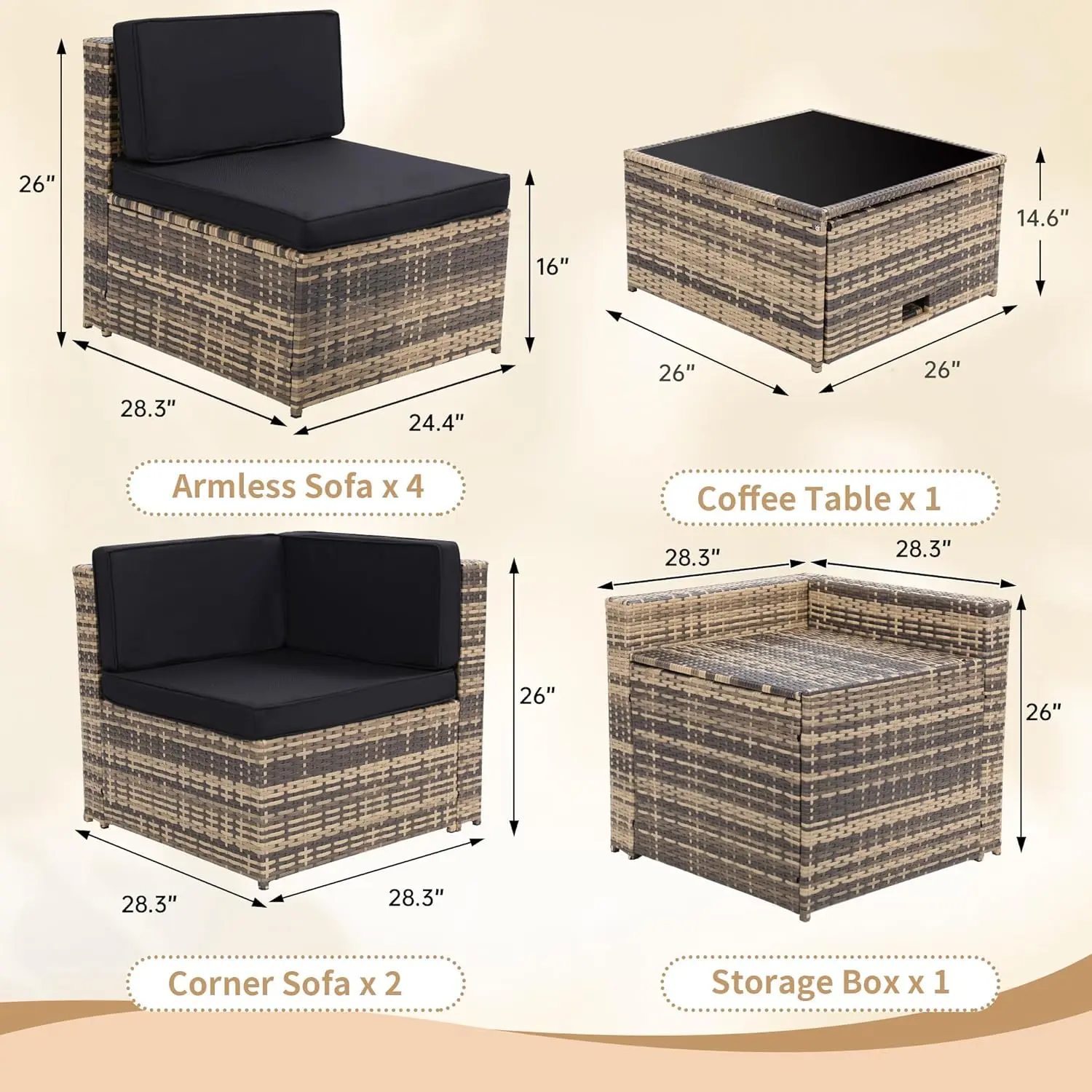 8 Pieces Outdoor Wicker Rattan Patio Furniture Sectional Set, Glass Top Table with Hidden Storage, 7 Sofa Sections.