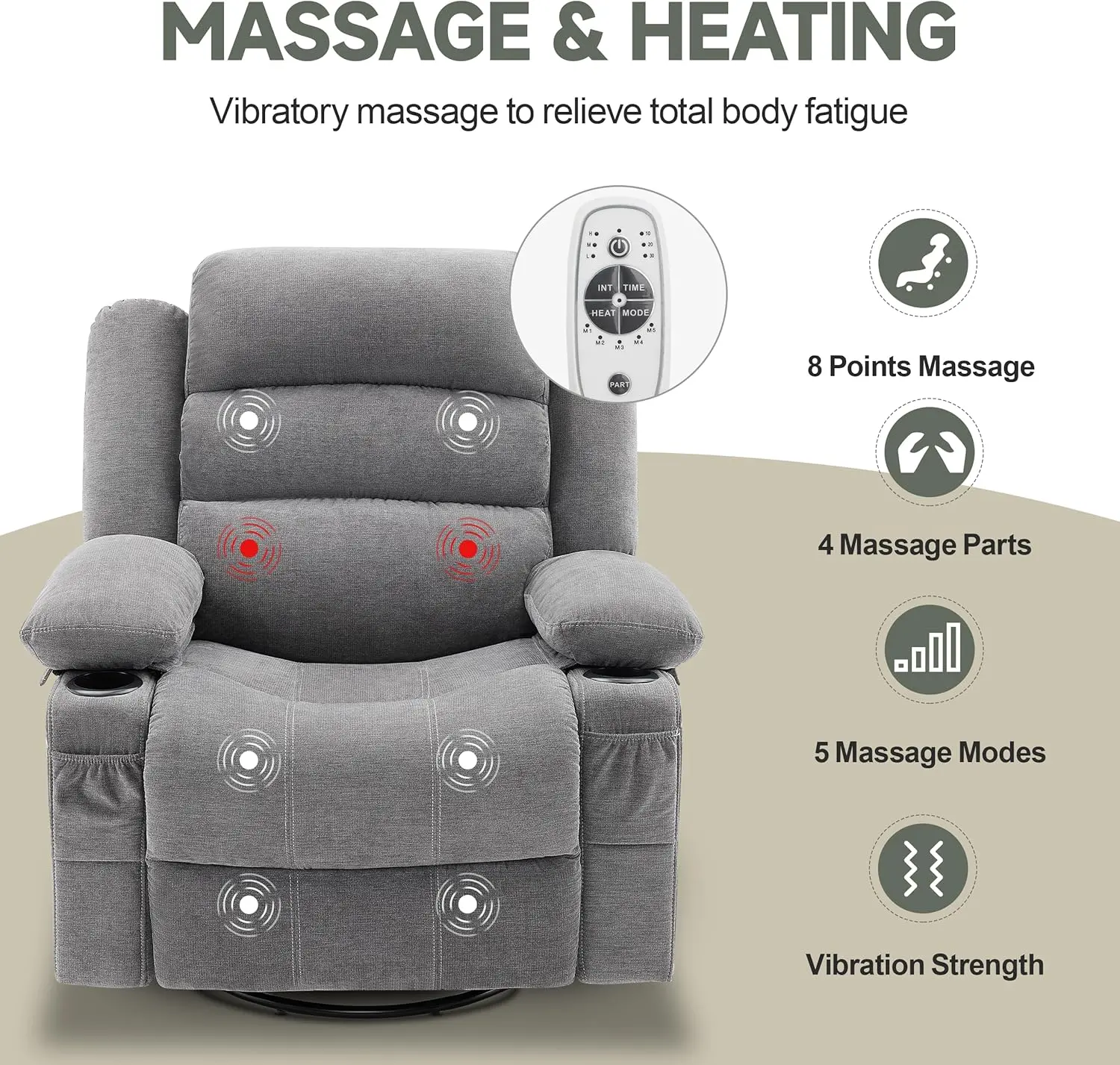 Rocker Recliner Chair with Heat and Massage, 360° Swivel Recliner Chairs for Adults, Oversized Recliner Single Sofa Seat