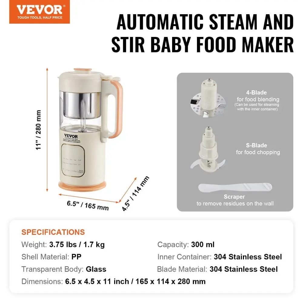 Baby Food Maker, 500W Baby Food Processor with 300 ml Glass Bowl, SUS304 Stainless Steel 4-Blade Baby Food Puree Blender
