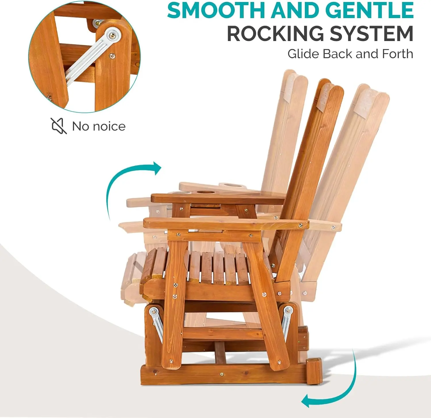 Outdoor Glider Chair Wood Patio Glider with Cup Holder, Porch Glider with Smooth Rocking Mechanism, Heavy Duty 600 LBS