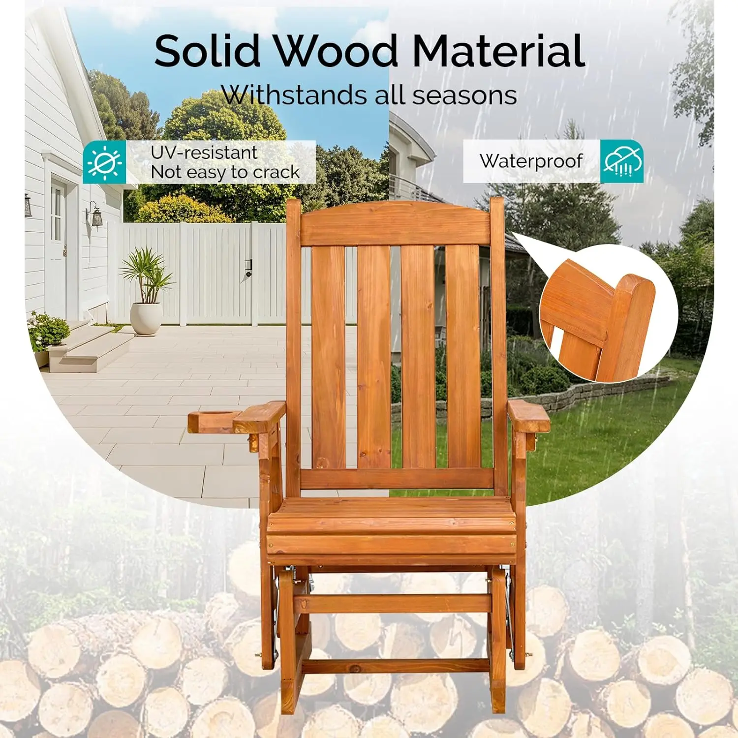 Outdoor Glider Chair Wood Patio Glider with Cup Holder, Porch Glider with Smooth Rocking Mechanism, Heavy Duty 600 LBS