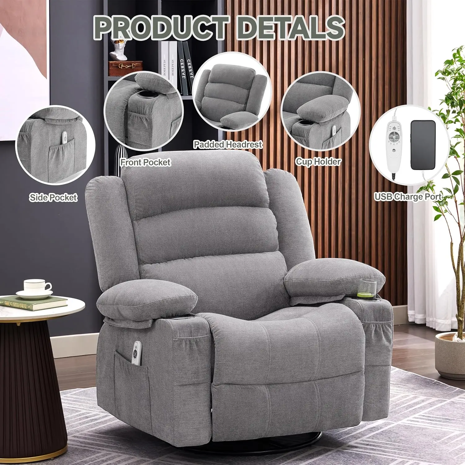 Rocker Recliner Chair with Heat and Massage, 360° Swivel Recliner Chairs for Adults, Oversized Recliner Single Sofa Seat