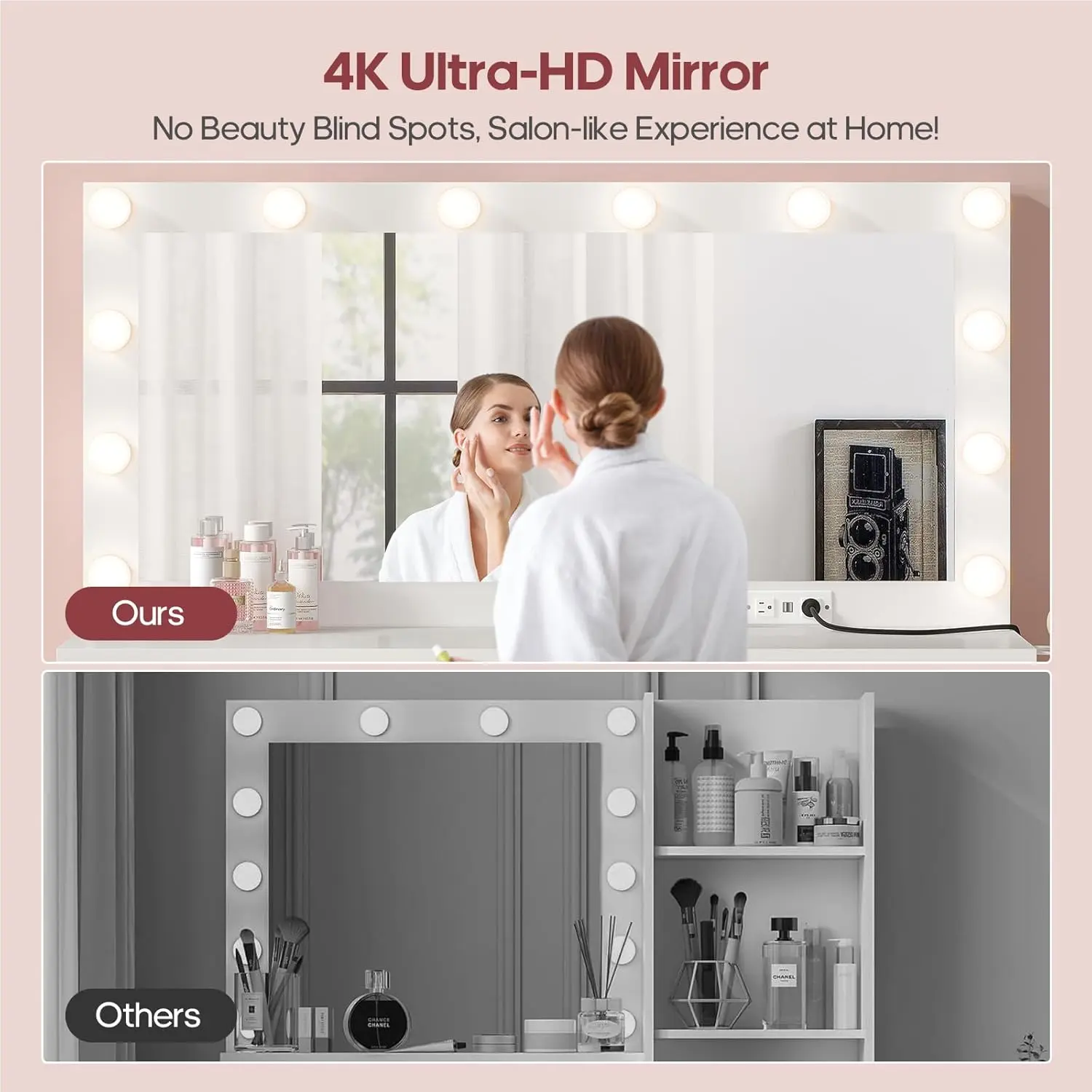 Vanity with Extra Large Mirror and Lights, Makeup Vanity with Power Strip, 45.3” Vanity Desk with Storage, Dressing Table