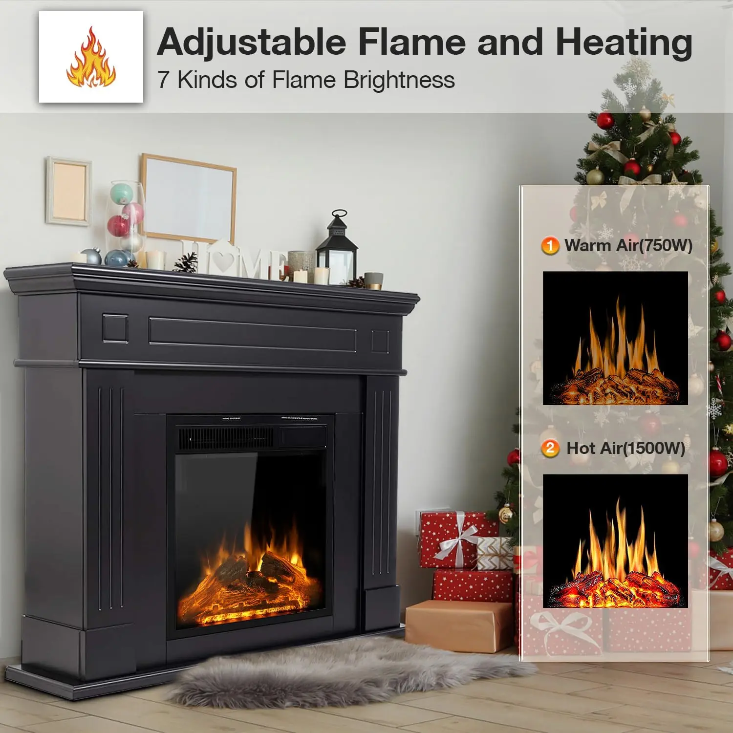 44" Electric Fireplace with Mantel Package Free-Standing Fireplace Heater, Wooden Surround Firebox with Log, Remote Control