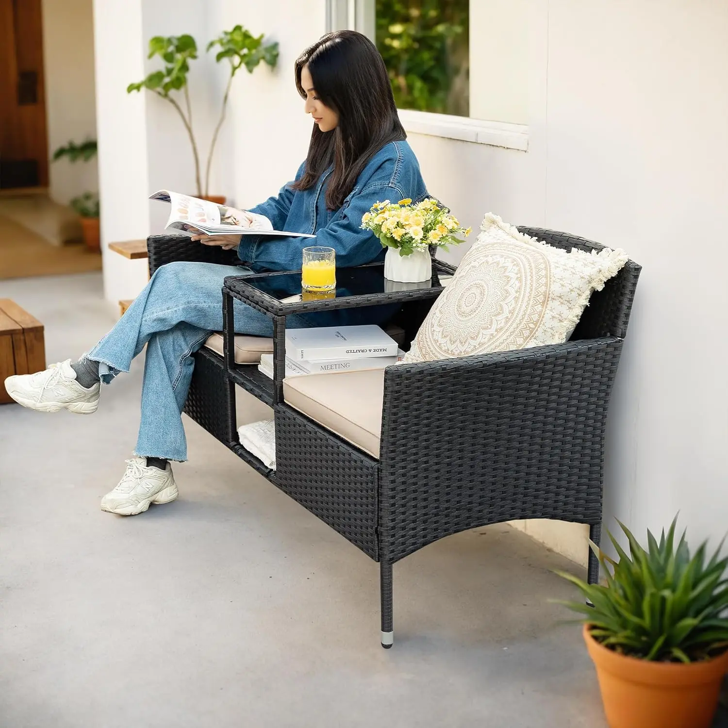 Outdoor Furniture Patio Loveseat Wicker 2-Seat with Built-in Table and Cushions Rattan Porch Chairs Bench for Balcony, Lawn