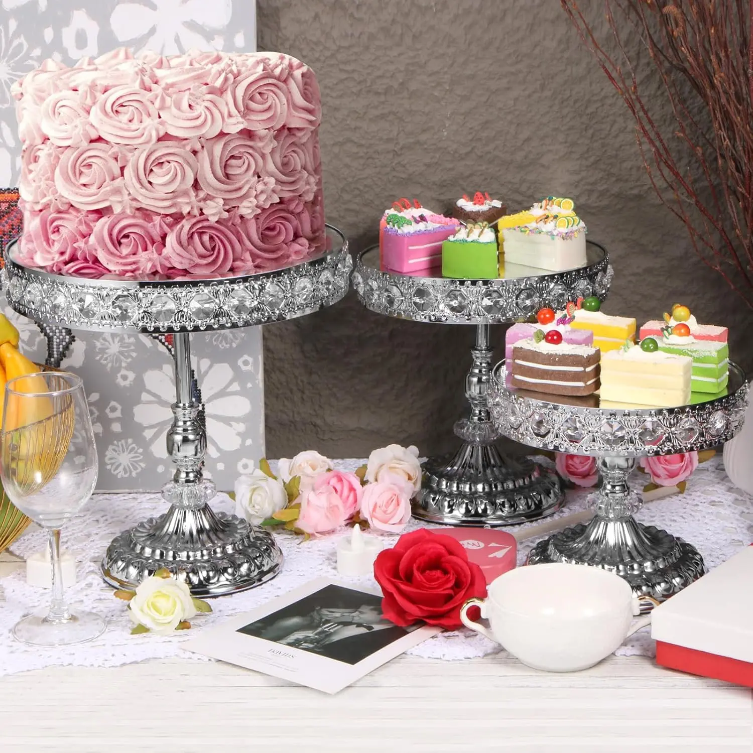 12-Piece Silver Cake Stand Set, Vintage Cake Stand with Crystal Edge and Cupcake Display Tray, Dessert Table Display Set