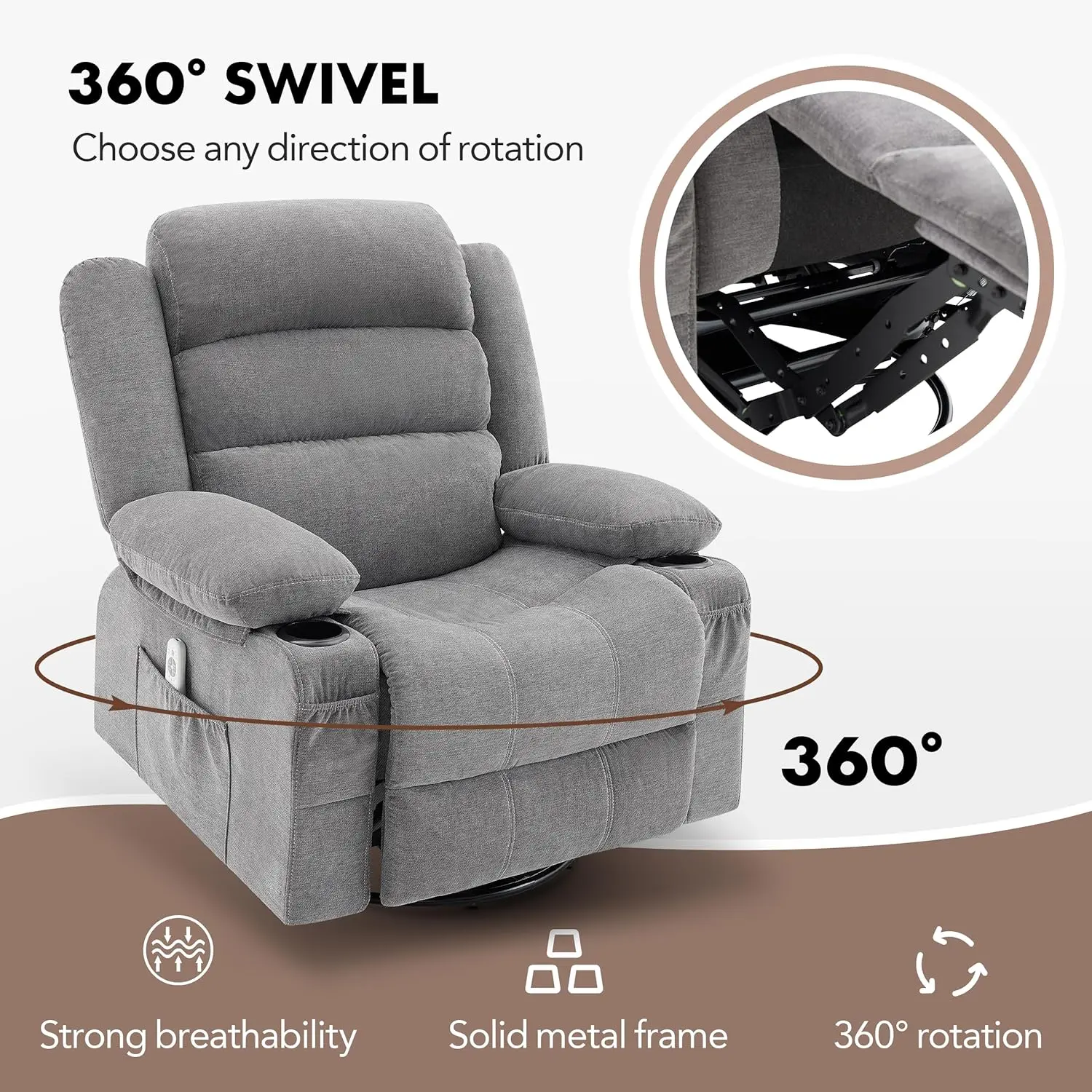Rocker Recliner Chair with Heat and Massage, 360° Swivel Recliner Chairs for Adults, Oversized Recliner Single Sofa Seat