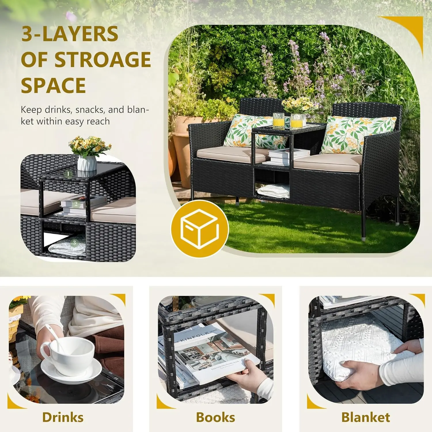 Outdoor Furniture Patio Loveseat Wicker 2-Seat with Built-in Table and Cushions Rattan Porch Chairs Bench for Balcony, Lawn