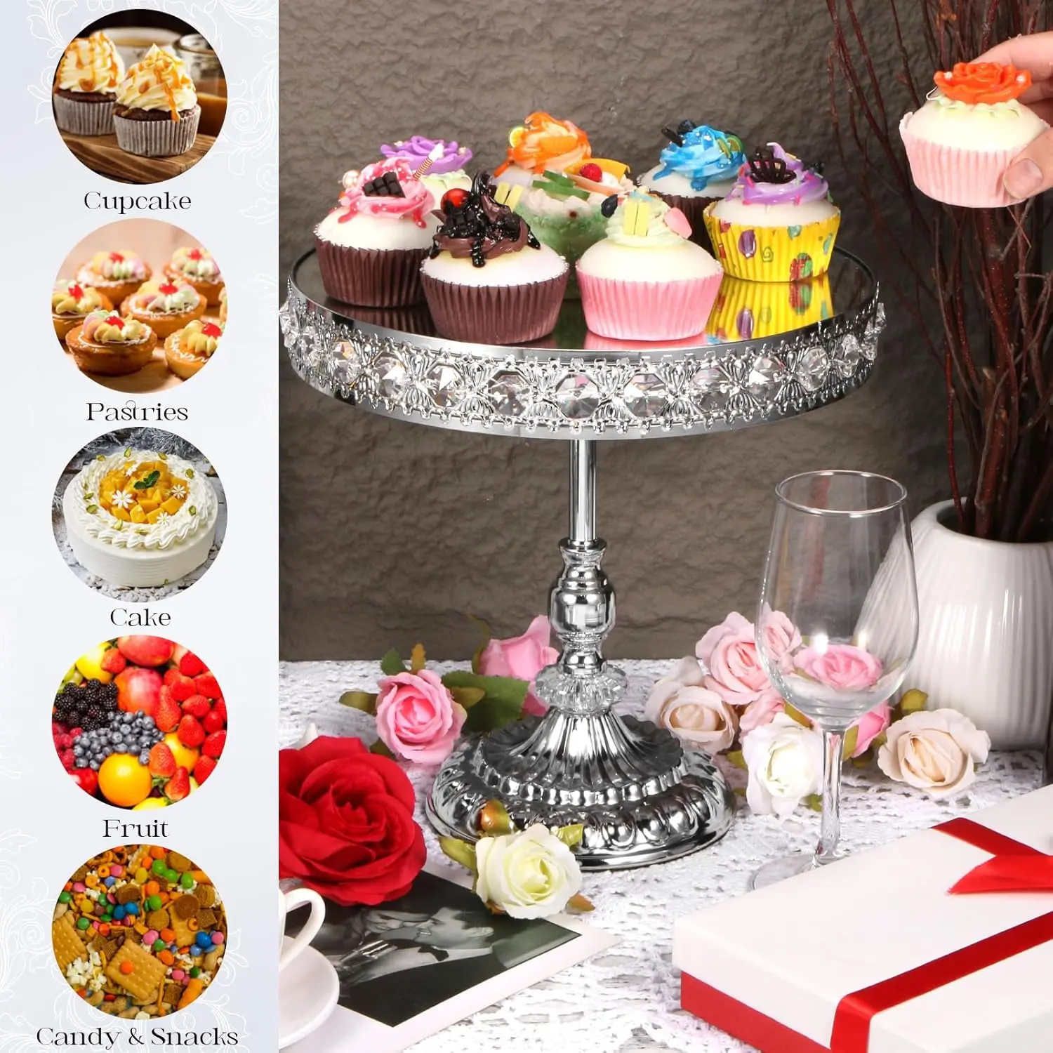 12-Piece Silver Cake Stand Set, Vintage Cake Stand with Crystal Edge and Cupcake Display Tray, Dessert Table Display Set