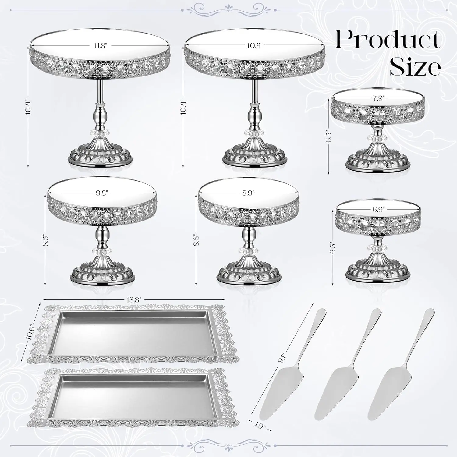 12-Piece Silver Cake Stand Set, Vintage Cake Stand with Crystal Edge and Cupcake Display Tray, Dessert Table Display Set