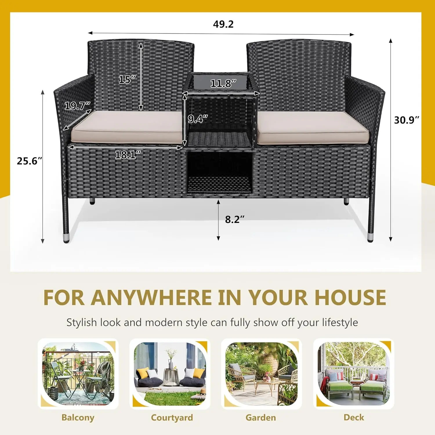 Outdoor Furniture Patio Loveseat Wicker 2-Seat with Built-in Table and Cushions Rattan Porch Chairs Bench for Balcony, Lawn