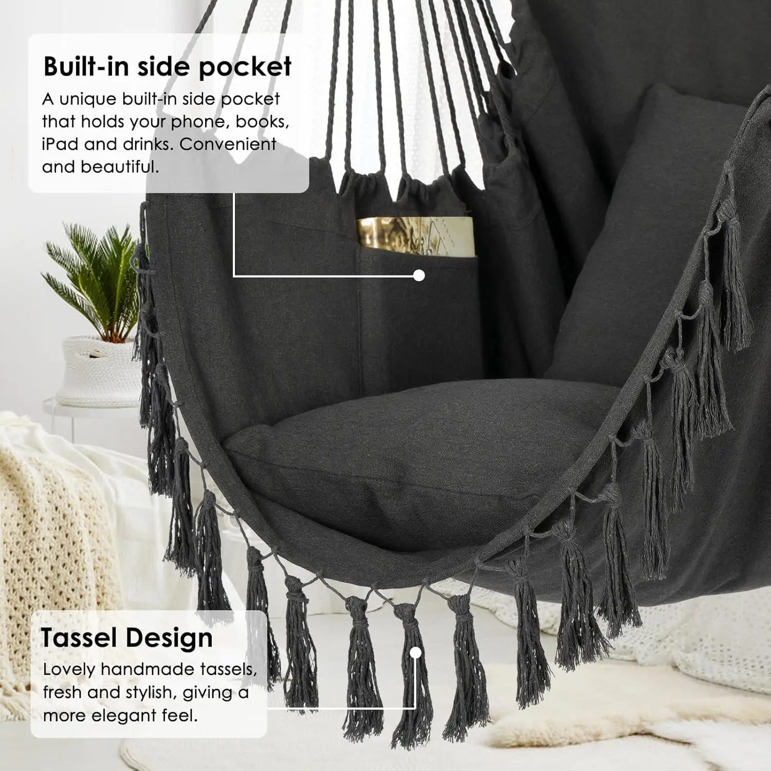 Hammock Chair Hanging Rope Swing, Max 500 Lbs, 2 Cushions Included, Large Macrame Hanging Chair with Pocket,