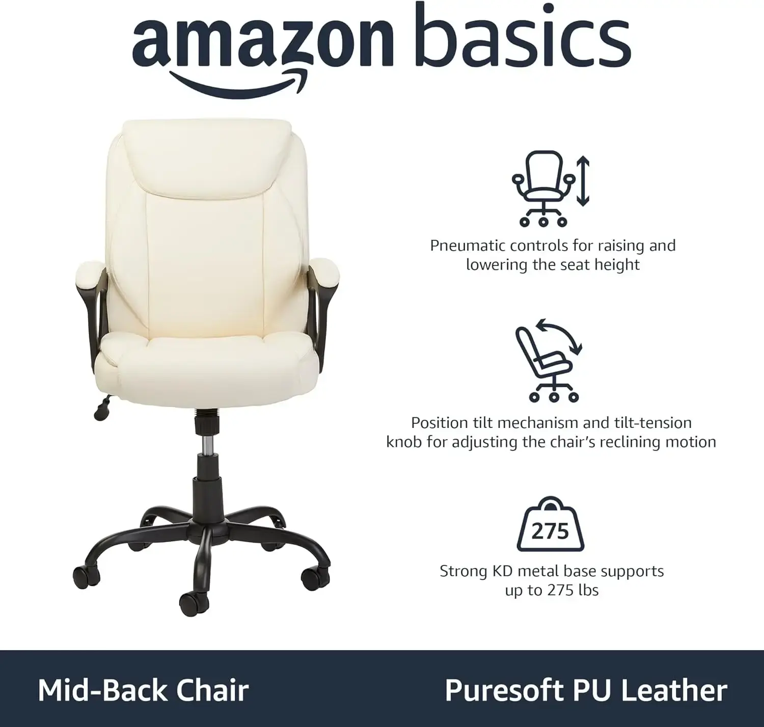 Classic Puresoft PU-Padded Mid-Back Office Computer Desk Chair with Armrest - Cream