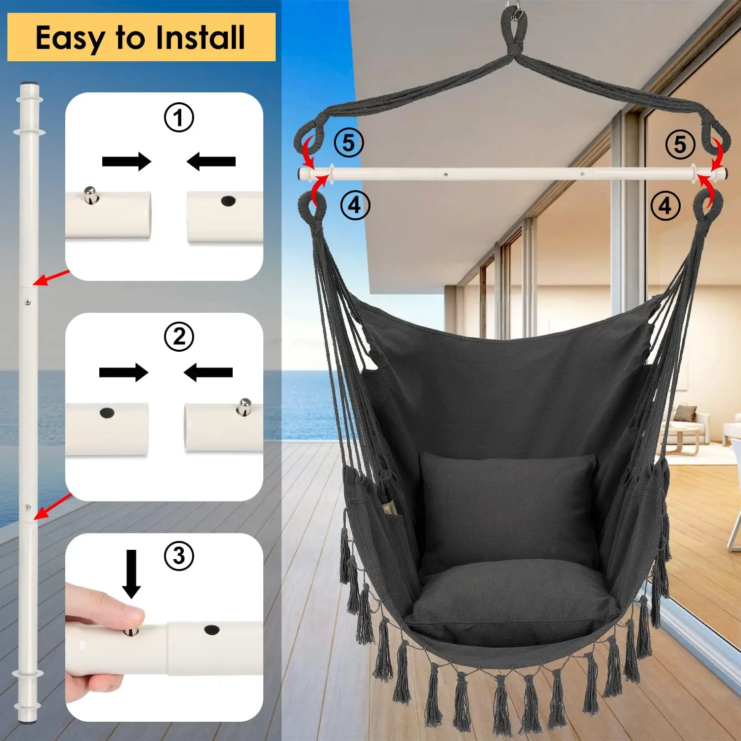 Hammock Chair Hanging Rope Swing, Max 500 Lbs, 2 Cushions Included, Large Macrame Hanging Chair with Pocket,