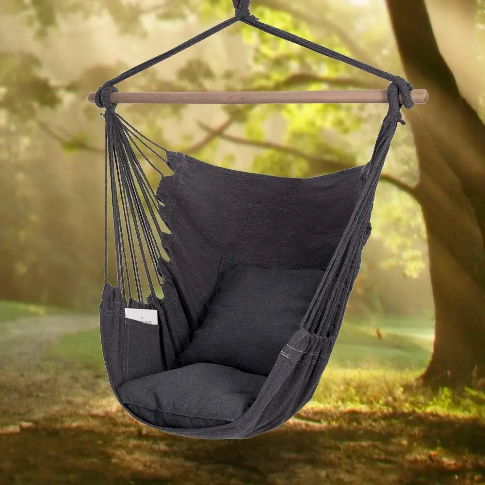 Hammock Chair Hanging Rope Swing Chair, Max 500 Lbs, 2 Seat Cushions Included,Removable Steel SpreaderBar with Anti-Slip Rings,