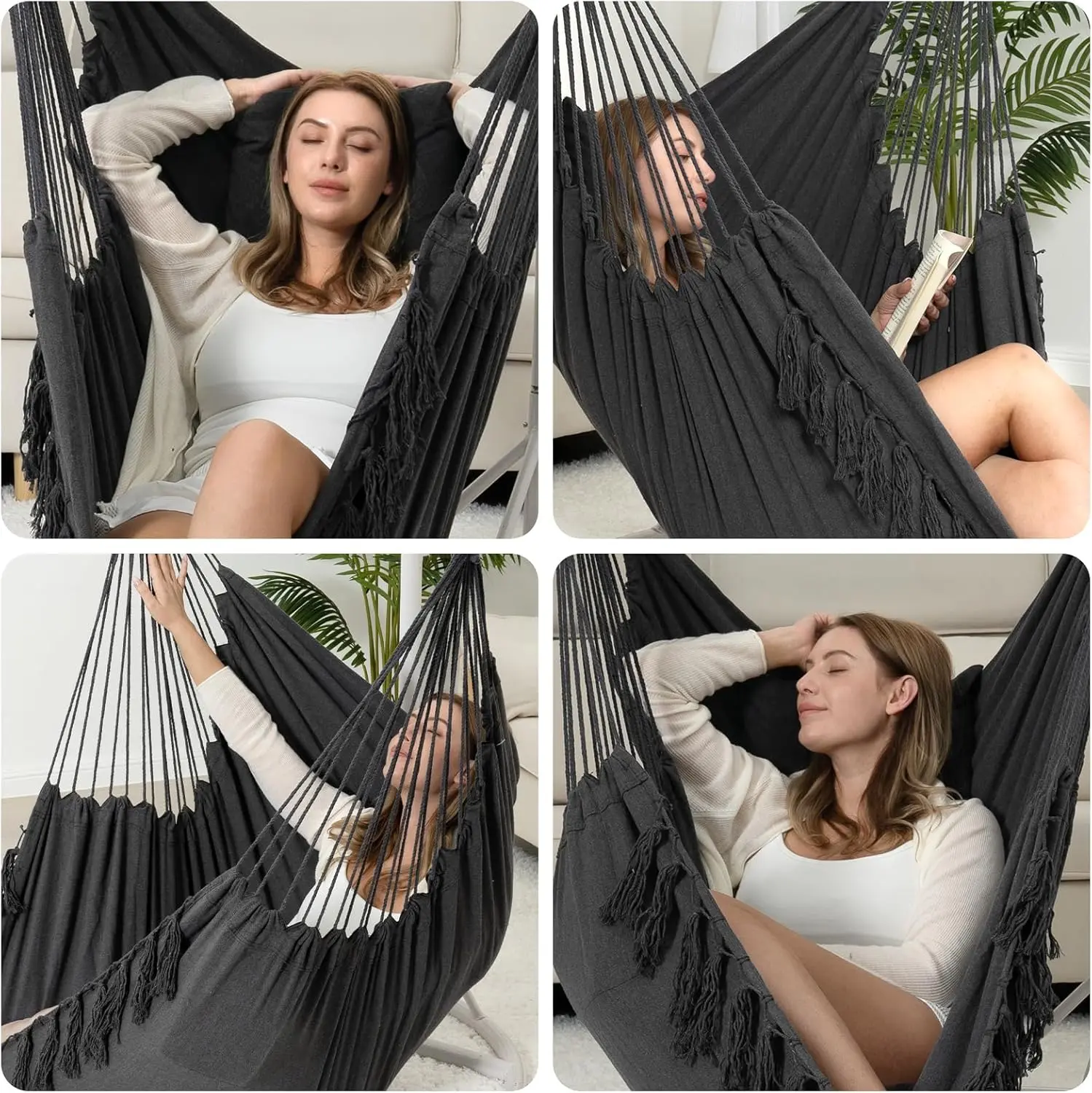 Hammock Chair Hanging Rope Swing, Max 500 Lbs, 2 Cushions Included, Large Macrame Hanging Chair with Pocket,
