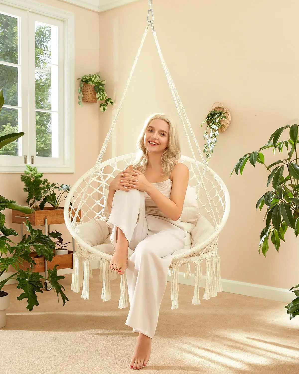 Hammock Chair, Macrame Swing Chair with Comfy Cushion, Boho Hanging Chair for Outdoor & Indoor, Perfect for Bedroom,
