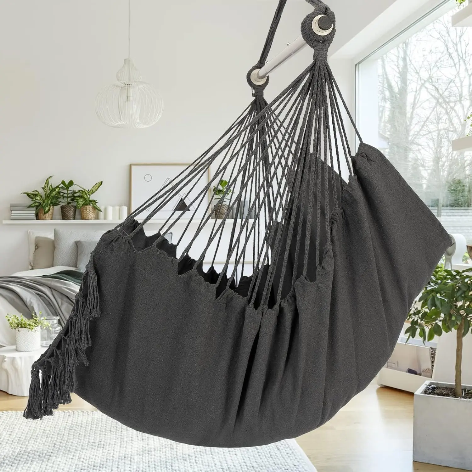 Hammock Chair Hanging Rope Swing, Max 500 Lbs, 2 Cushions Included, Large Macrame Hanging Chair with Pocket,