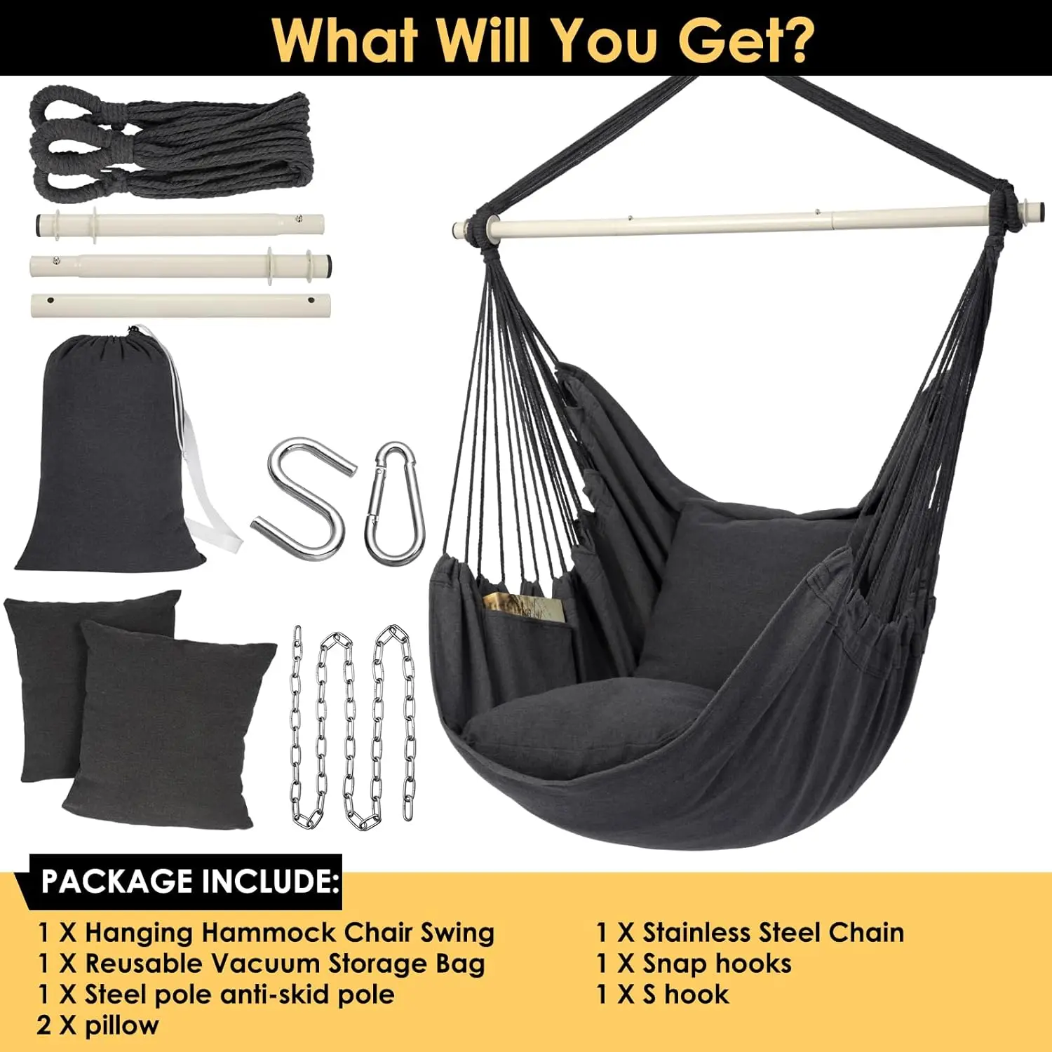 Hammock Chair Hanging Rope Swing Chair, Max 500 Lbs, 2 Seat Cushions Included,Removable Steel SpreaderBar with Anti-Slip Rings,