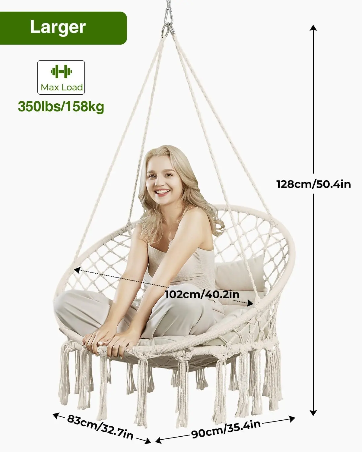 Hammock Chair, Macrame Swing Chair with Comfy Cushion, Boho Hanging Chair for Outdoor & Indoor, Perfect for Bedroom,