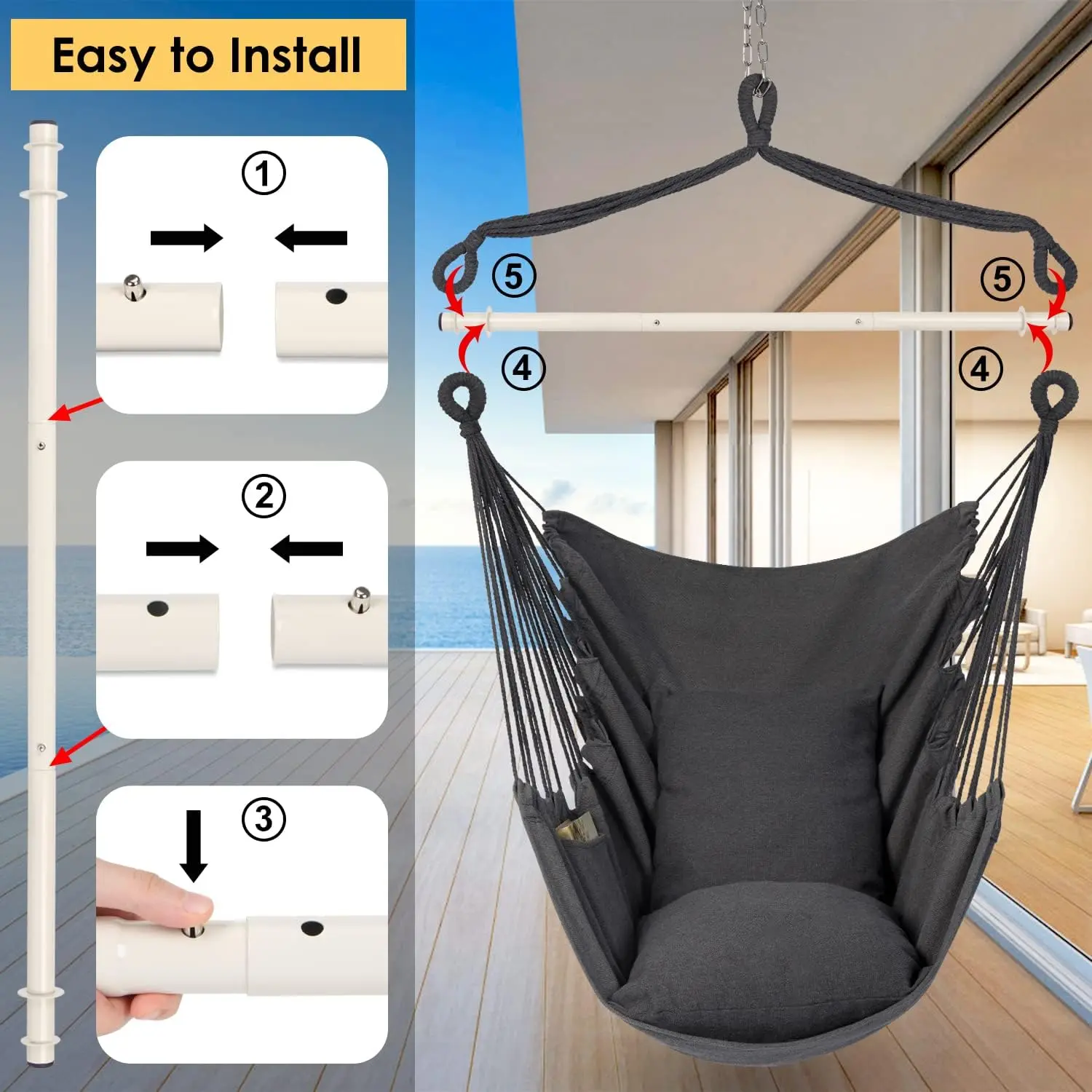 Hammock Chair Hanging Rope Swing Chair, Max 500 Lbs, 2 Seat Cushions Included,Removable Steel SpreaderBar with Anti-Slip Rings,