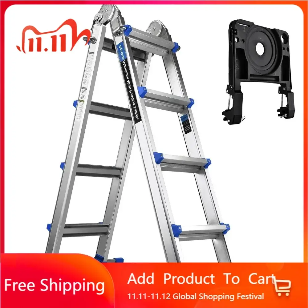 A Frame 4 Step Extension Ladder, 14 Ft Multi Position Ladder with Removable Tool Tray and Stabilizer Bar, 330 lbs Capacity Tele