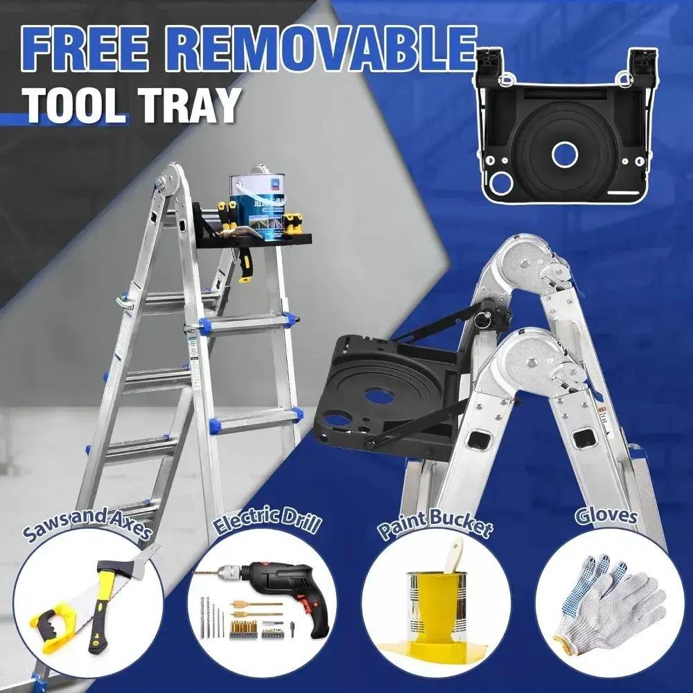 A Frame 4 Step Extension Ladder, 14 Ft Multi Position Ladder with Removable Tool Tray and Stabilizer Bar, 330 lbs Capacity Tele