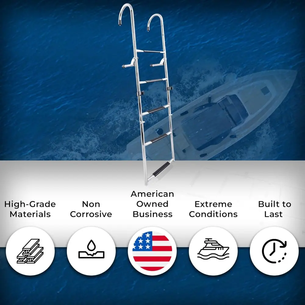 - B00367 5-Step Gunwale-Mounted Removable Ladder | Marine 304 Stainless Steel Heavy-Duty Boarding Ladder | Corrosion-Resistant