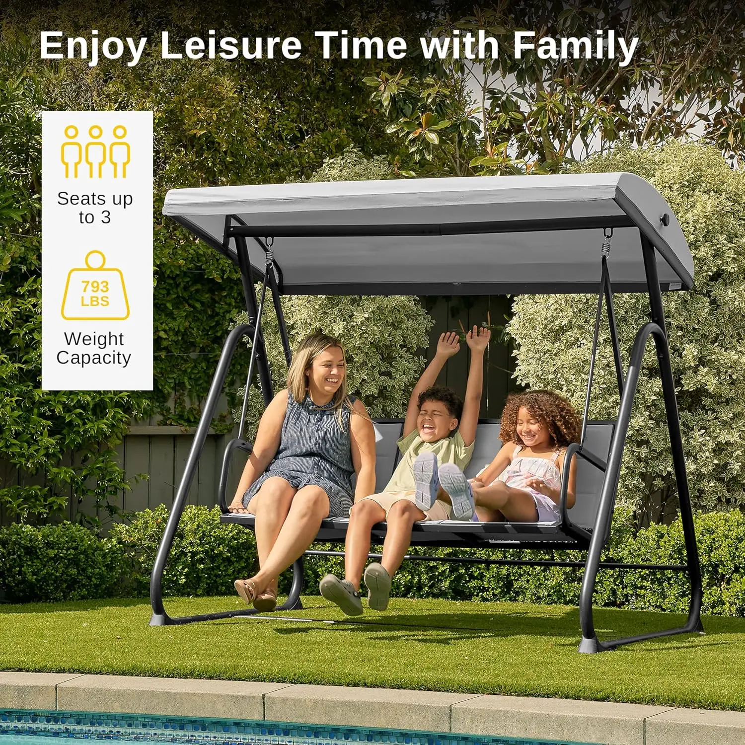 3-Person Outdoor Porch Swing with Adjustable Canopy, Patio Swing Chair with Comfortable and Breathable Seats, Outdoor Swing