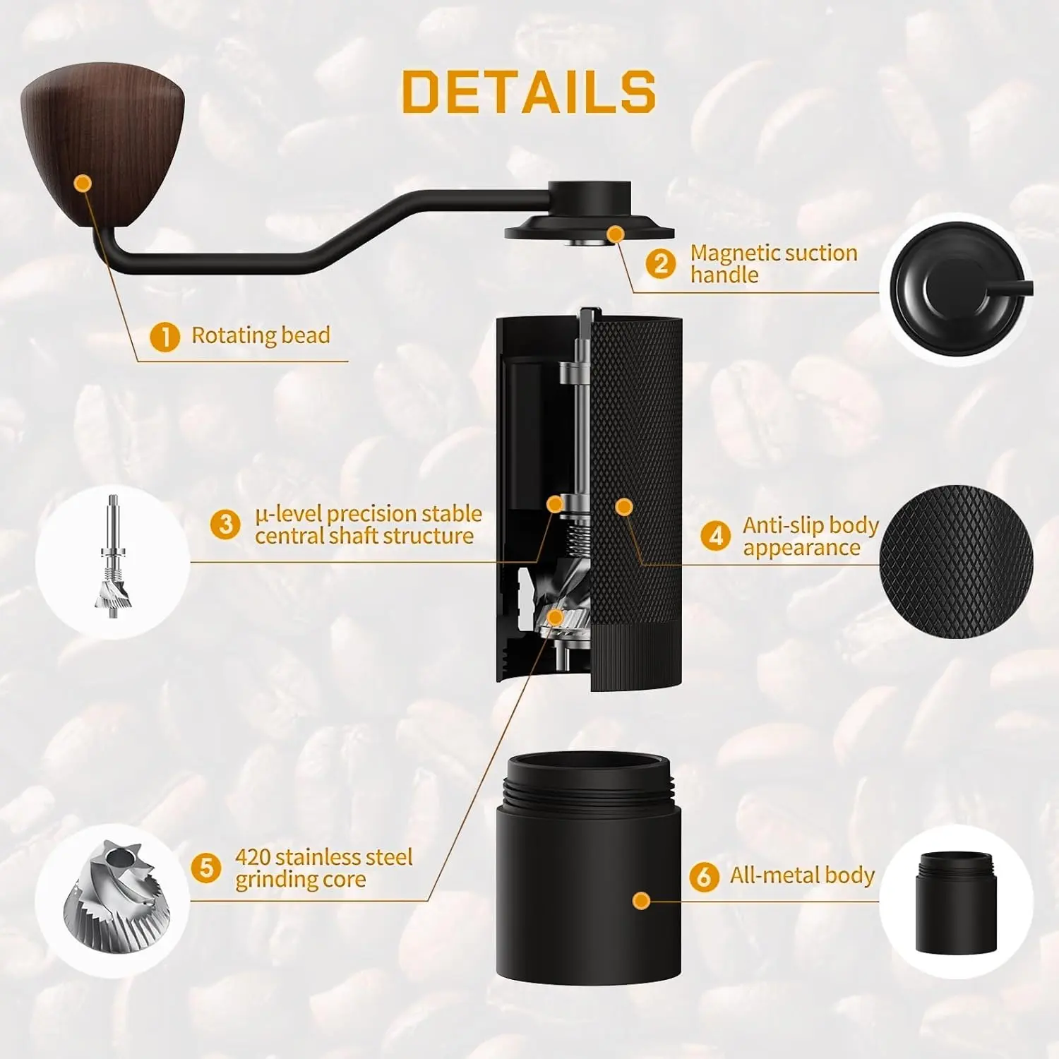 Manual Coffee Grinder, Wizard Hand Coffee Grinder, Capacity 25g with CNC Stainless Steel Pentagon Conical Burr, Adjustable