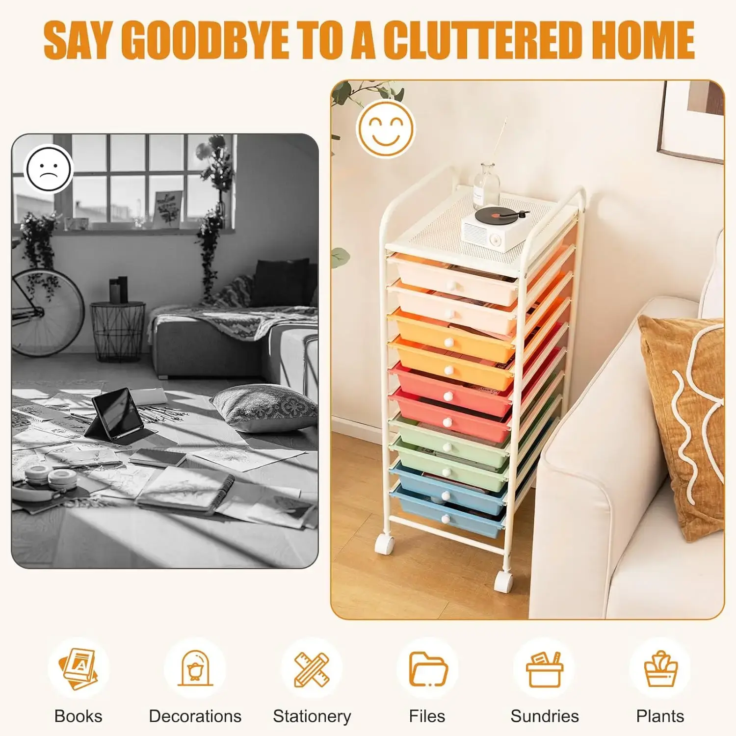 10-Drawer Rolling Storage Drawer Cart, Utility Cart with Removable Drawers & Metal Frame, Mobile Art Craft Drawer Cart