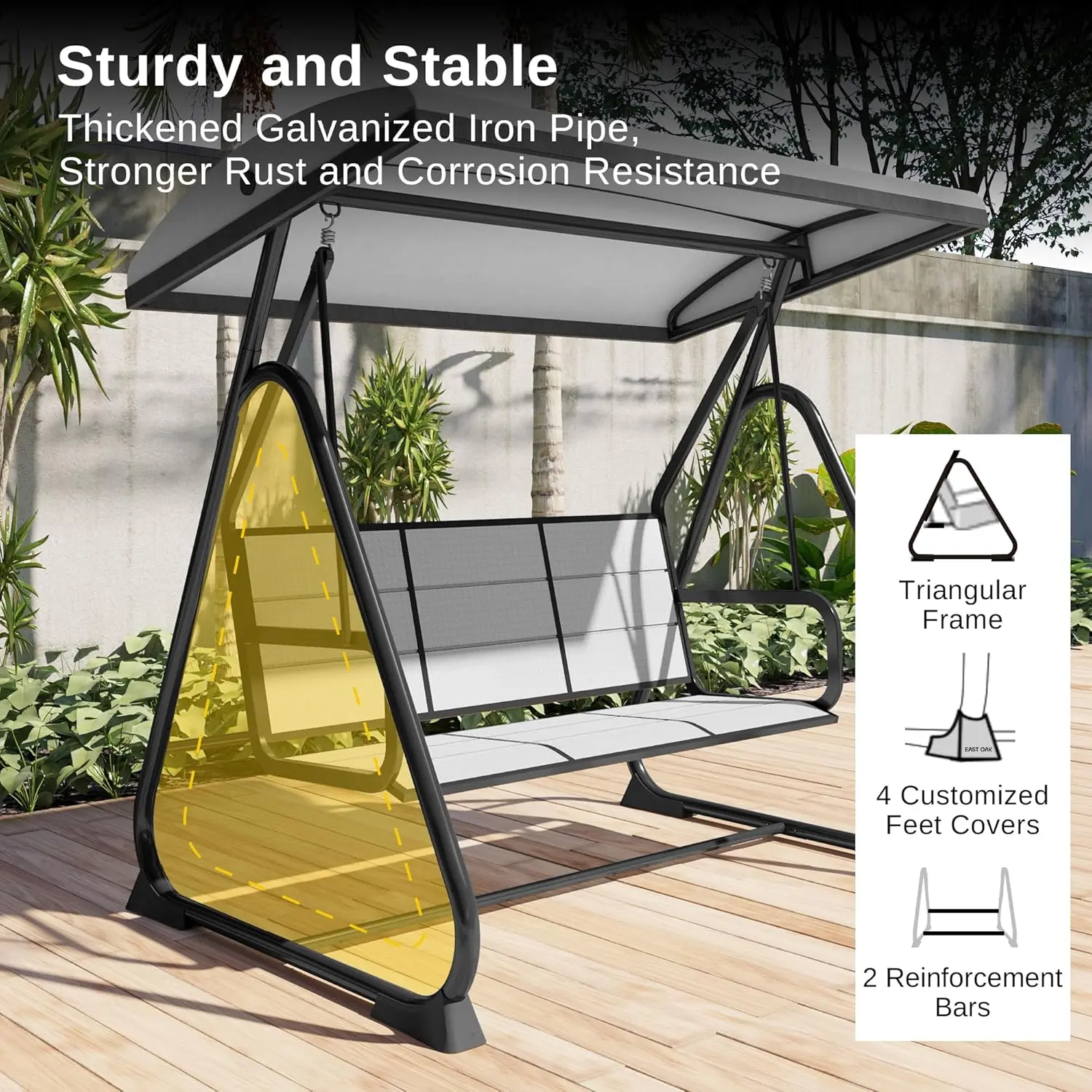 3-Person Outdoor Porch Swing with Adjustable Canopy, Patio Swing Chair with Comfortable and Breathable Seats, Outdoor Swing